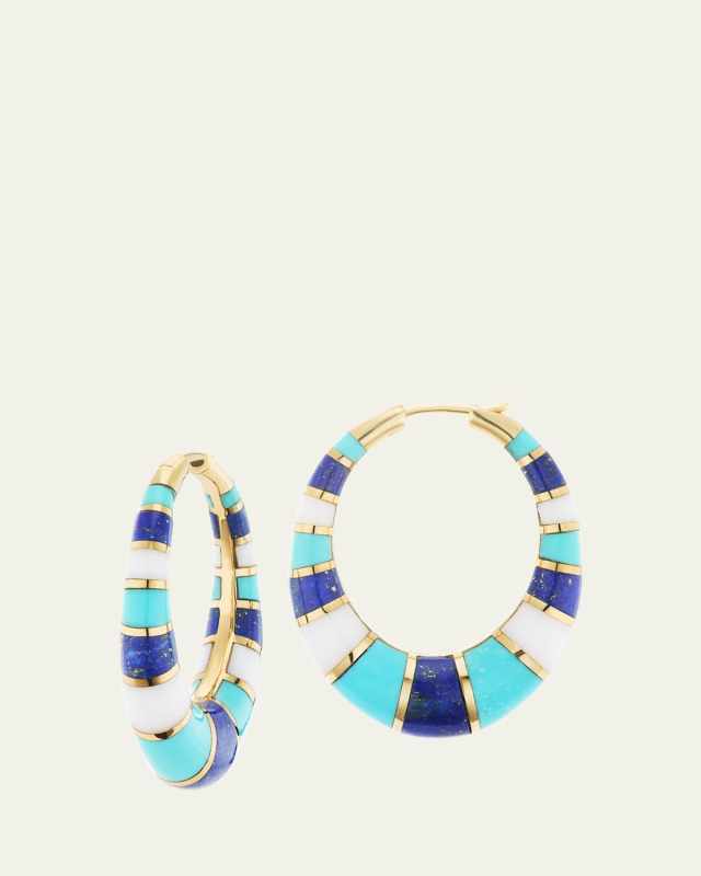 18K Yellow Gold Chunky Inlay Hoop Earrings with Lapis, Turquoise and White Onyx